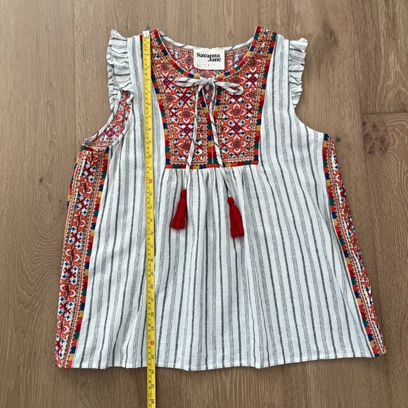 Savanna Jane Blouse Shirt Women Large Embroidered Linen Blend Tassel 16631 - Picture 6 of 13